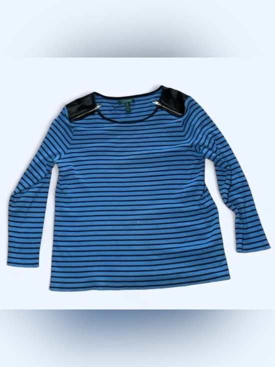 Ralph Lauren Tops - Ralph Lauren Blue and Black Striped Long-Sleeve Top with Faux Leather Shoulders